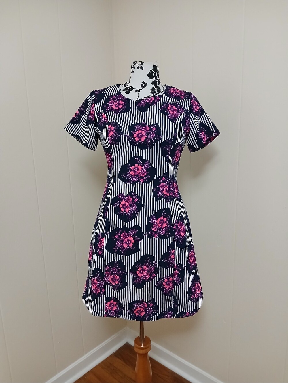 Navy & Pink Floral A-Line Dress